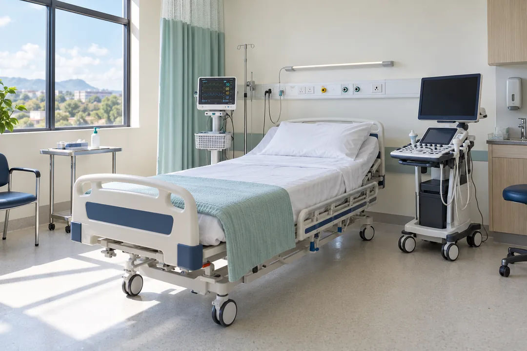 Bright clinical room with a hospital bed, ultrasound cart and patient monitor.