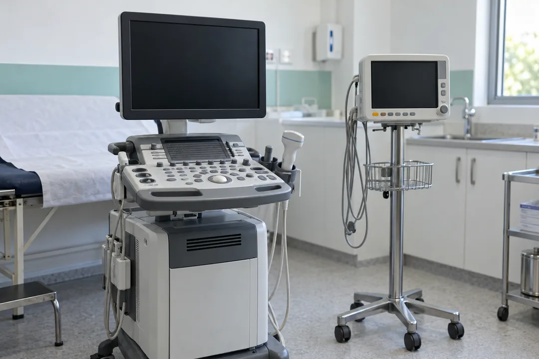 Ultrasound equipment and a patient monitor in a bright clinical room.