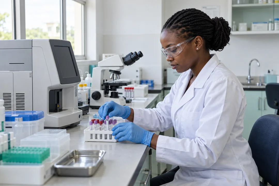 Laboratory professional handling capped specimen tubes beside a microscope and analyzer.