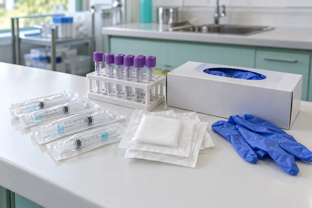 Packaged syringes, gauze, specimen tubes and disposable gloves on a clean worktop.