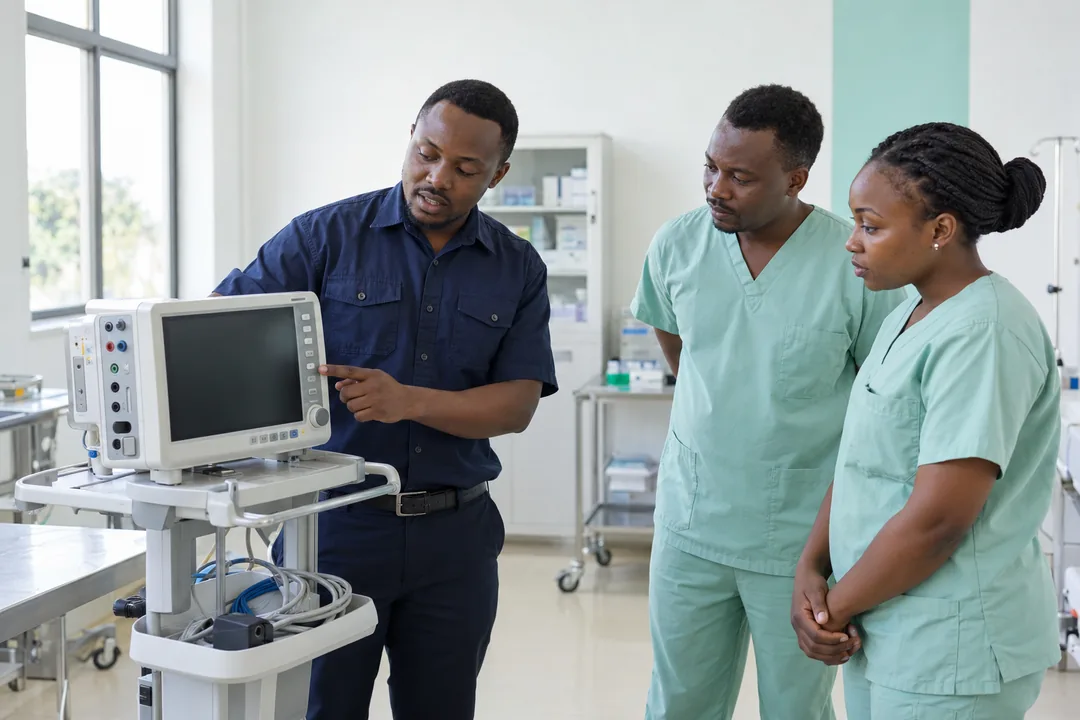 Engineer demonstrating an inactive patient monitor to two clinical staff members.