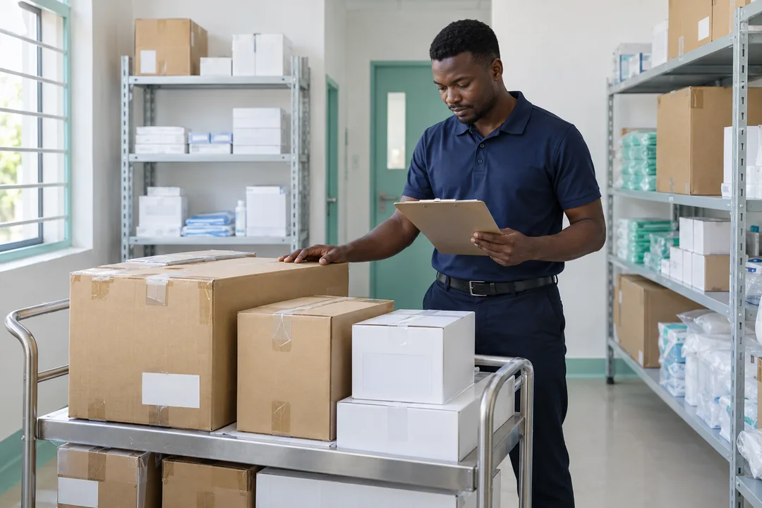 Logistics professional checking equipment cartons in a clean storage area.