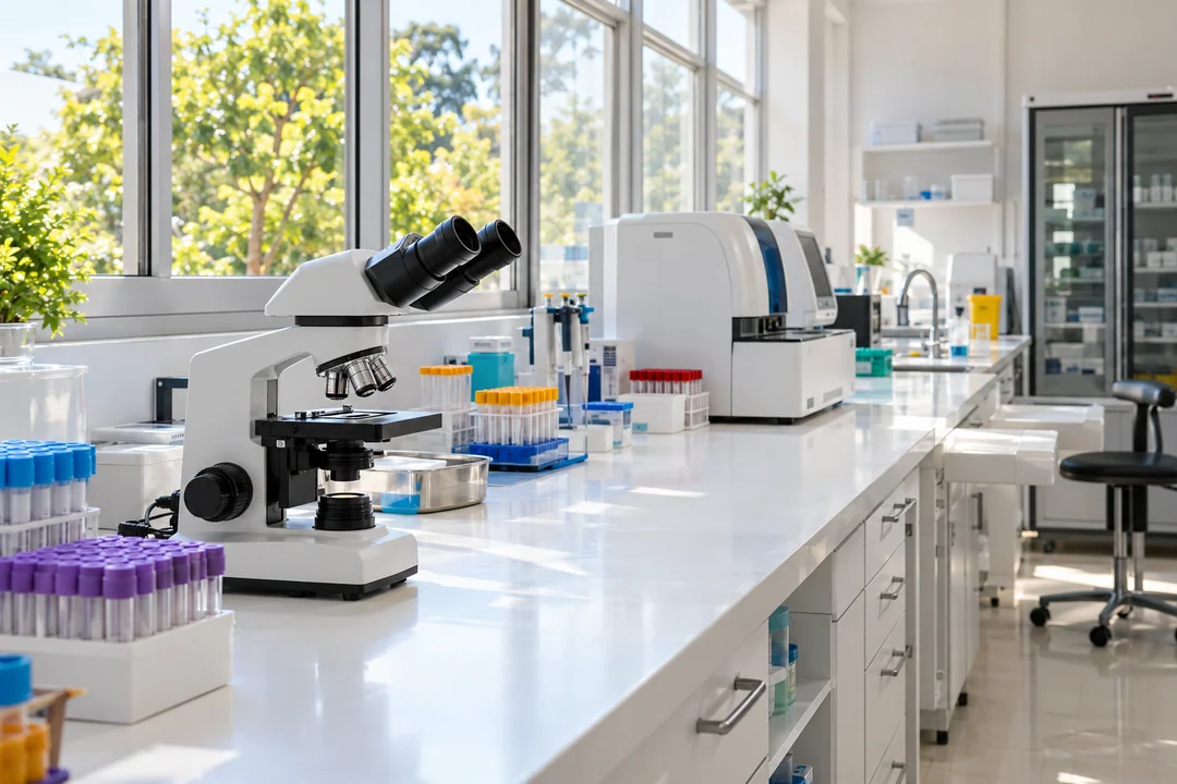 Sunlit laboratory with a microscope, analyzer and neatly arranged capped sample tubes.