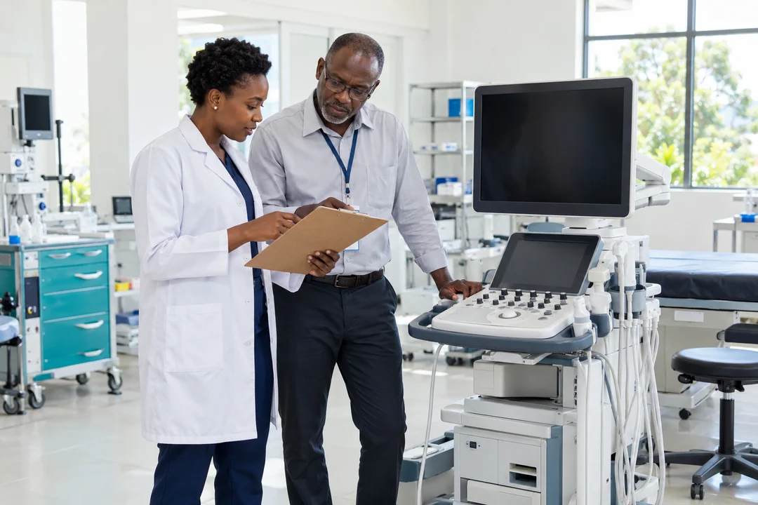 Two healthcare engineering professionals discussing equipment beside an ultrasound cart.