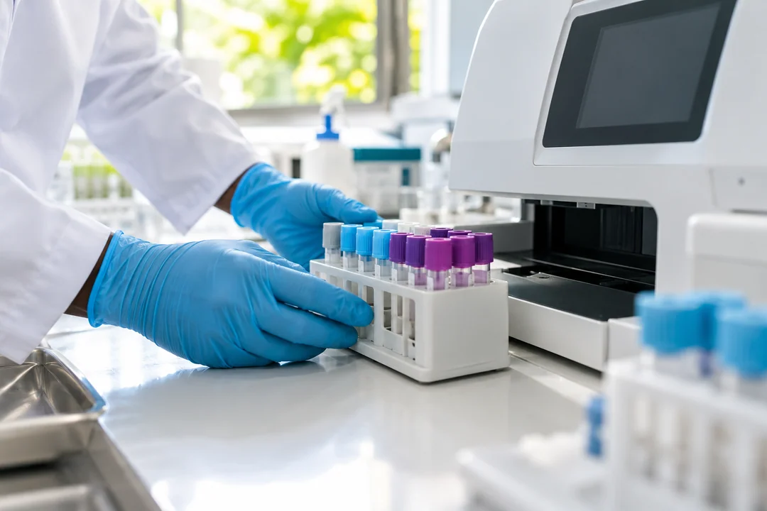 Gloved hands preparing a specimen rack beside a compact laboratory analyzer.