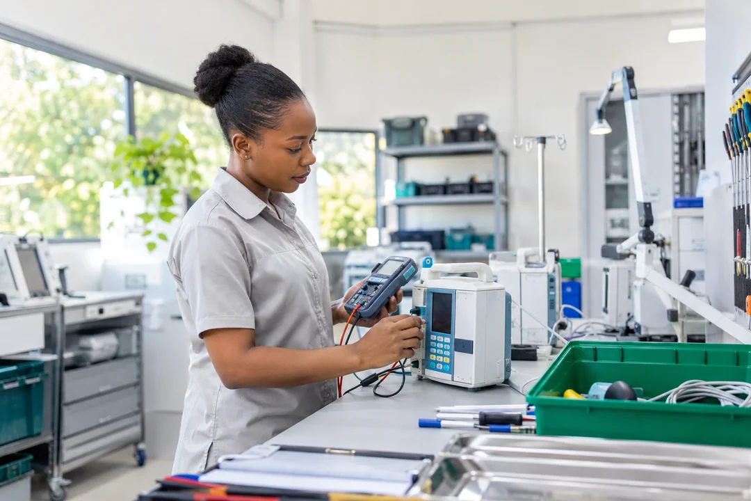 Female biomedical engineer checking an inactive infusion pump in a bright workshop.