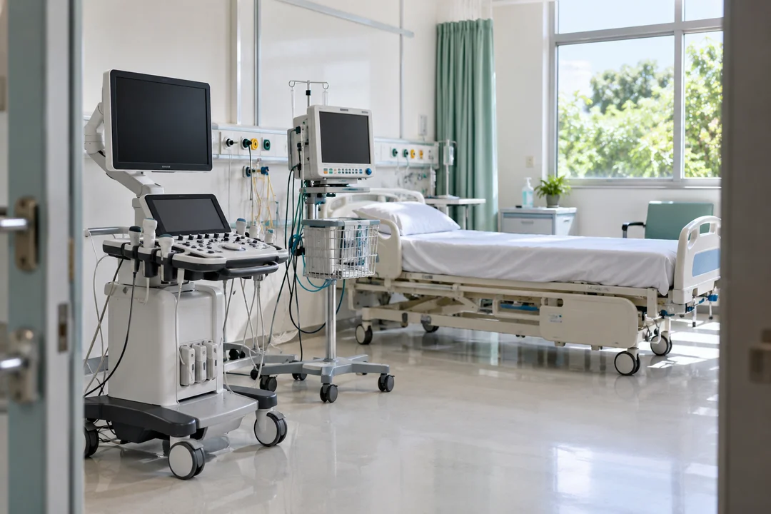 Clinical equipment bay with a hospital bed, mobile imaging cart and monitoring equipment.