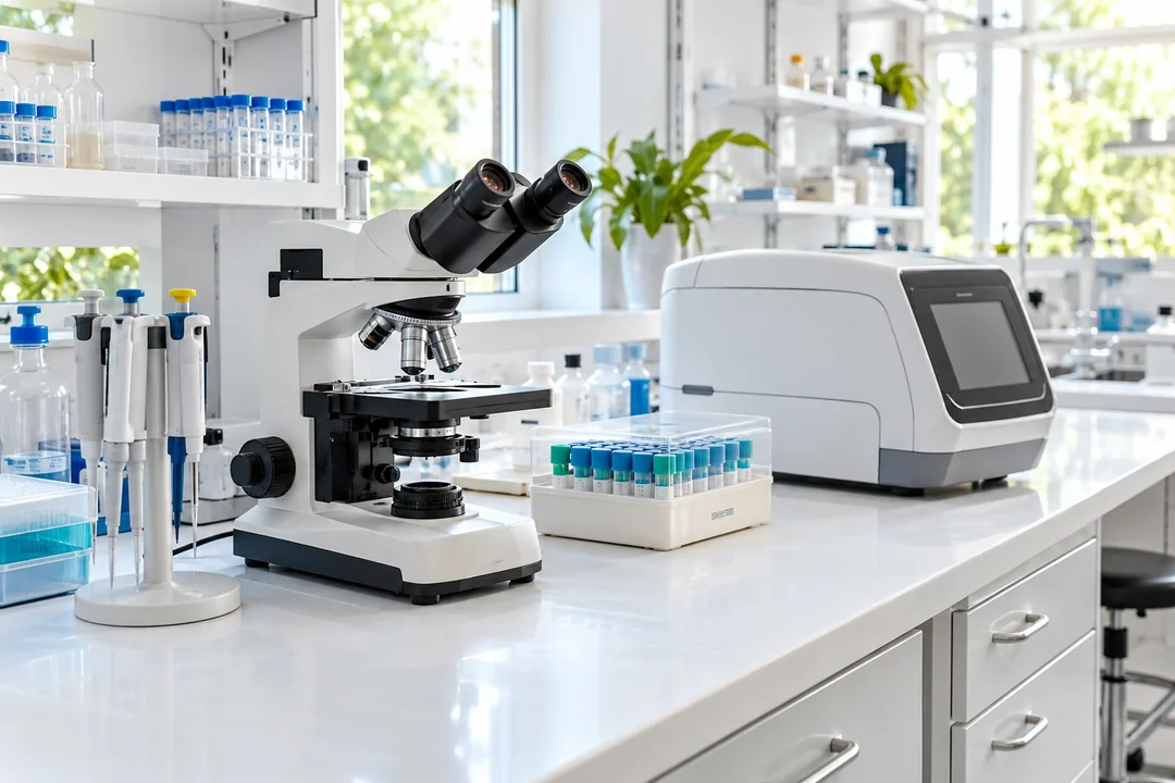 Microscope and diagnostic equipment on a laboratory bench with neatly arranged supplies.