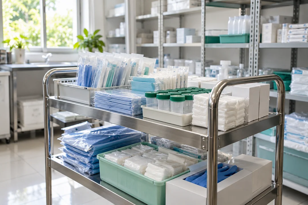 Organized clinical supply trolley holding sealed disposable supplies and protective equipment.