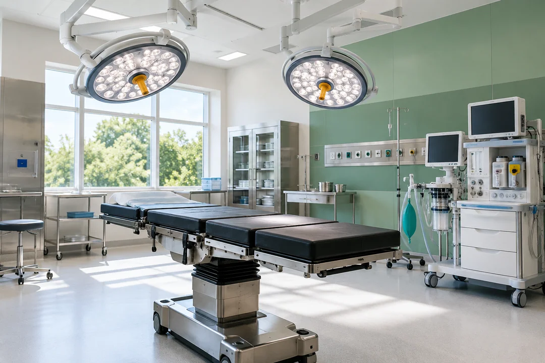 Bright operating theatre with an operating table, surgical lights and equipment.