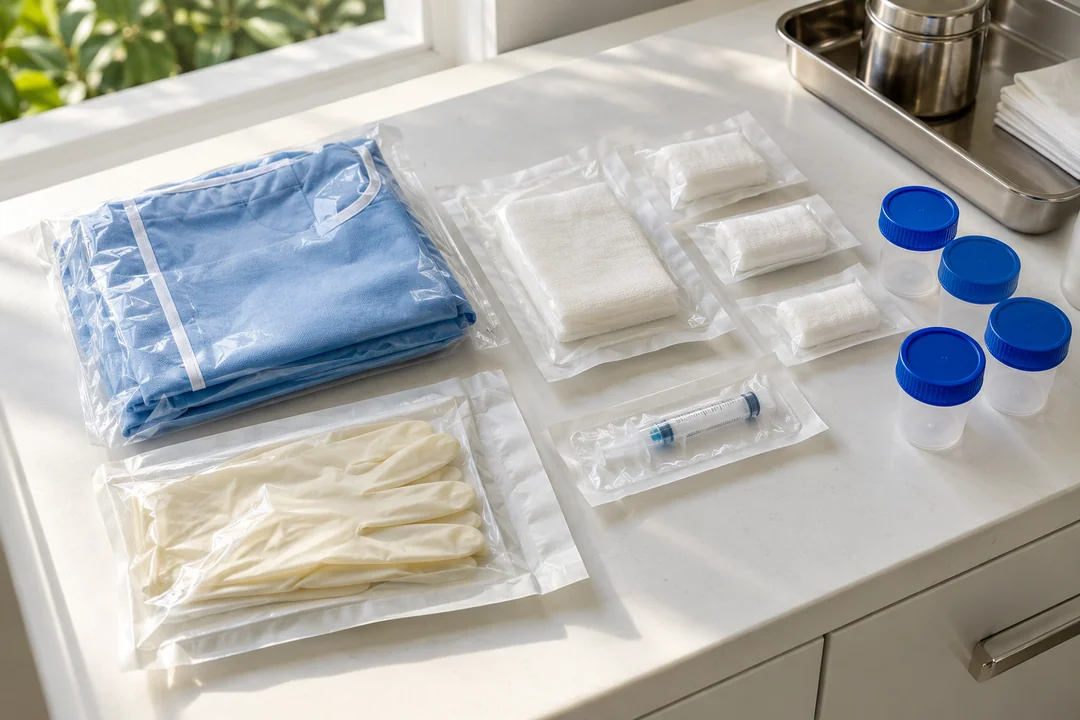 Sealed clinical supplies arranged on a white preparation counter.