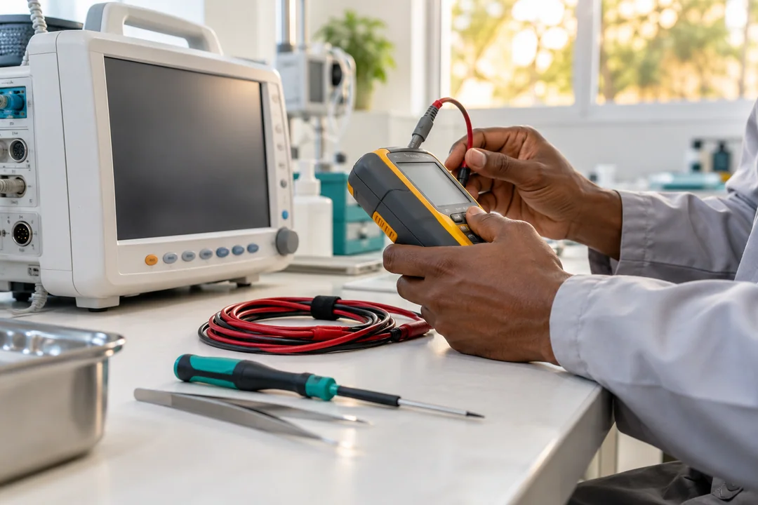 Close view of equipment testing tools beside an inactive patient monitor.