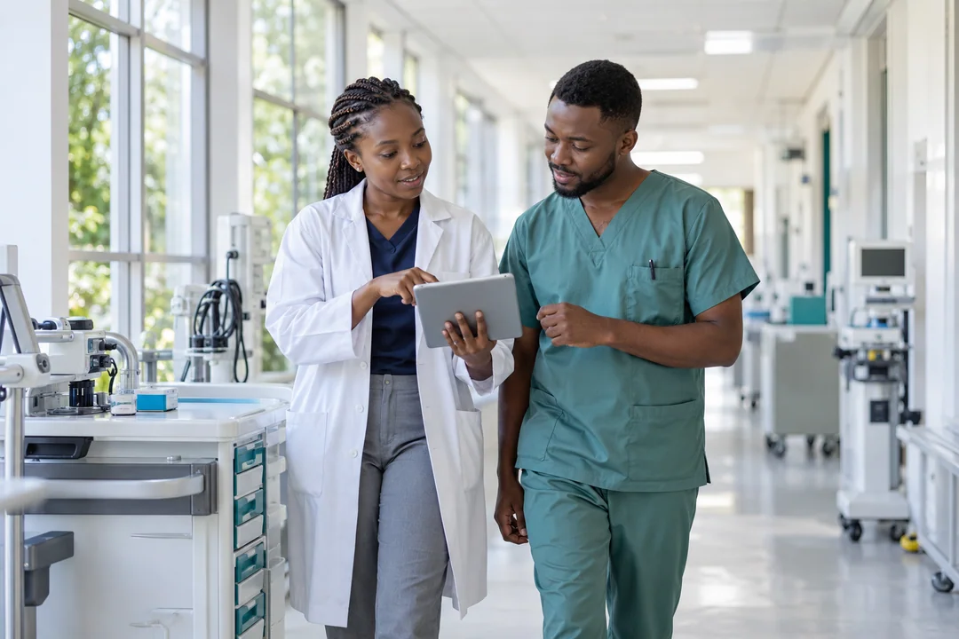Female healthcare engineer and a colleague reviewing equipment in a hospital corridor.