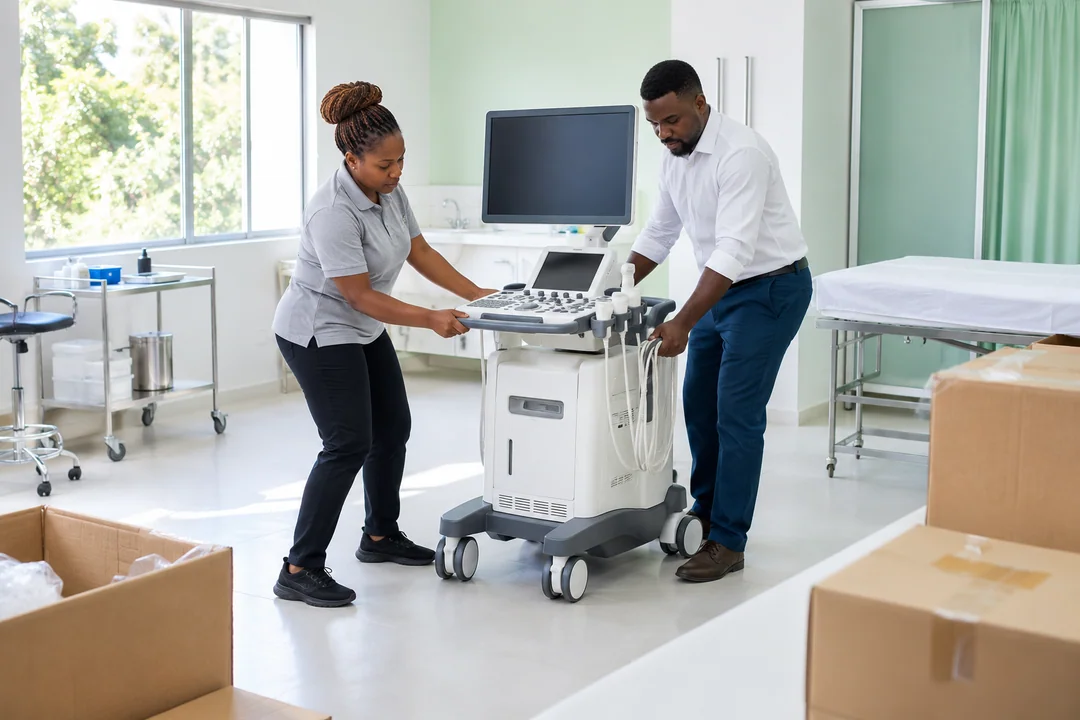Technical team positioning a newly delivered imaging cart in a clinical room.