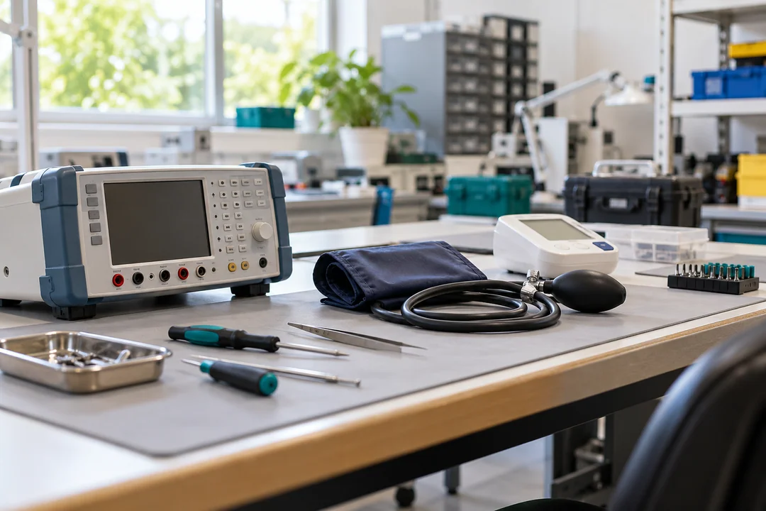 Organized calibration workbench with testing equipment and medical accessories.