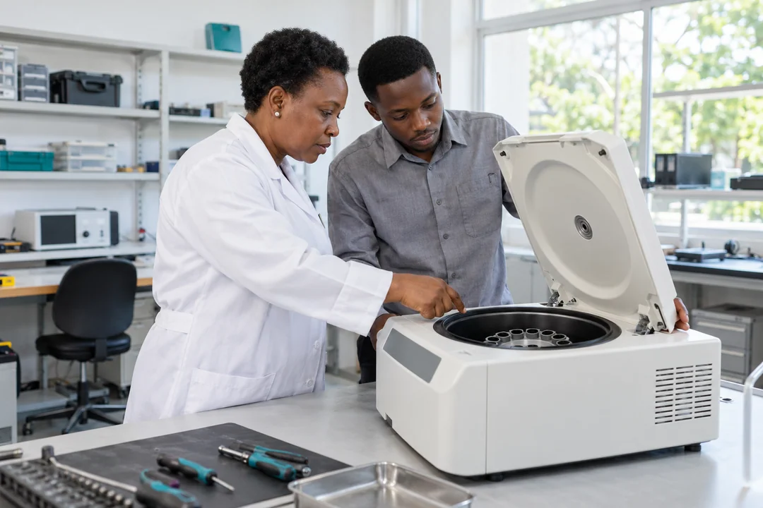 Two technical professionals inspecting a laboratory centrifuge in a workshop.