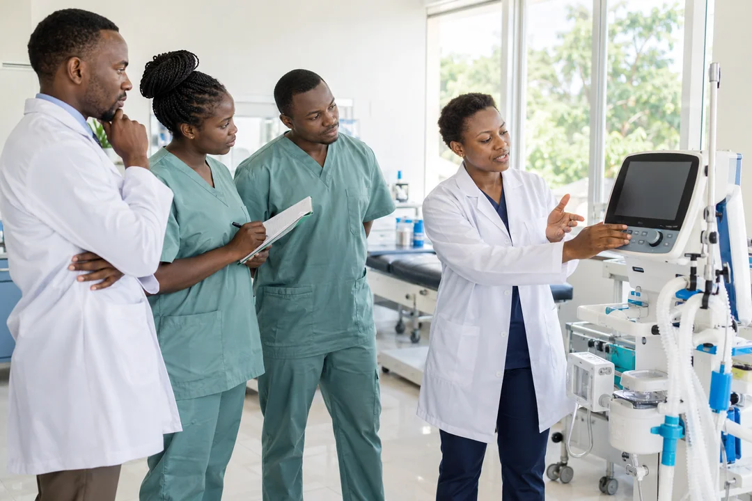 Small group of healthcare professionals attending a practical equipment orientation session.