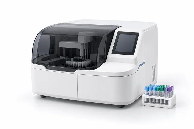 Illustrative benchtop clinical laboratory analyzer and specimen tube rack.