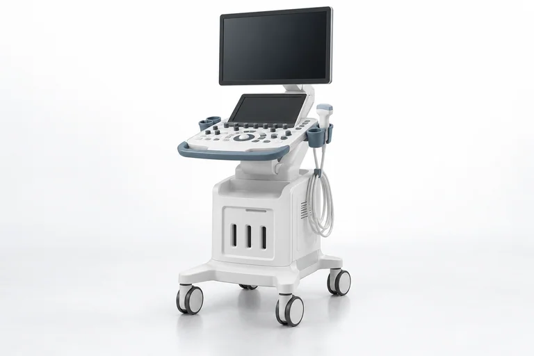 Illustrative ultrasound imaging cart with probes and an inactive screen.