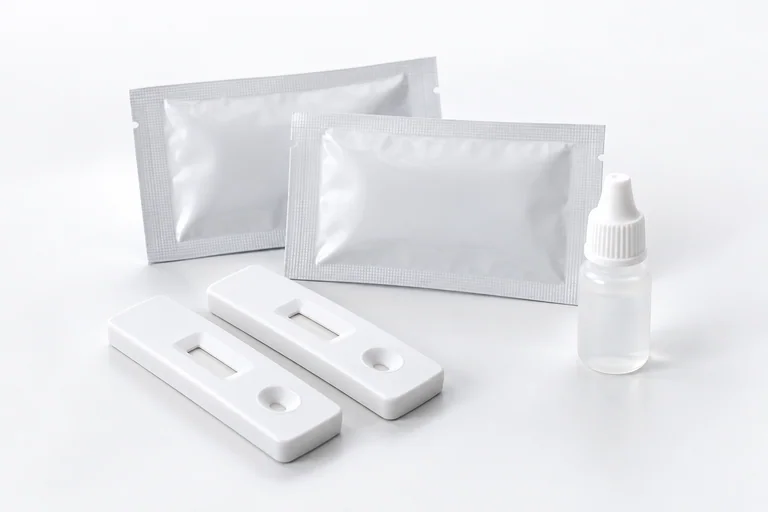 Illustrative rapid-test cassettes, plain sealed pouches and a buffer bottle.