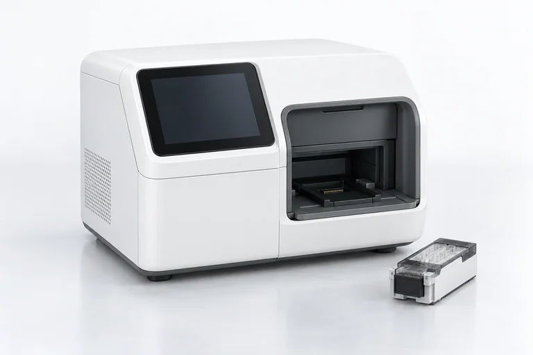 Illustrative benchtop sequencing instrument with a cartridge.