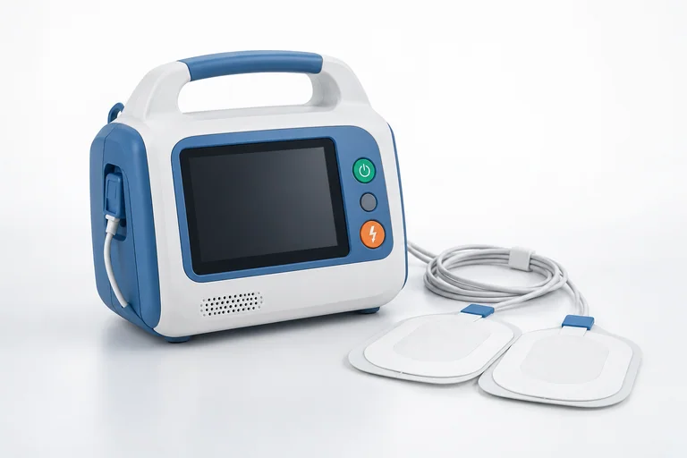 Illustrative emergency defibrillator with electrode pads and cables.