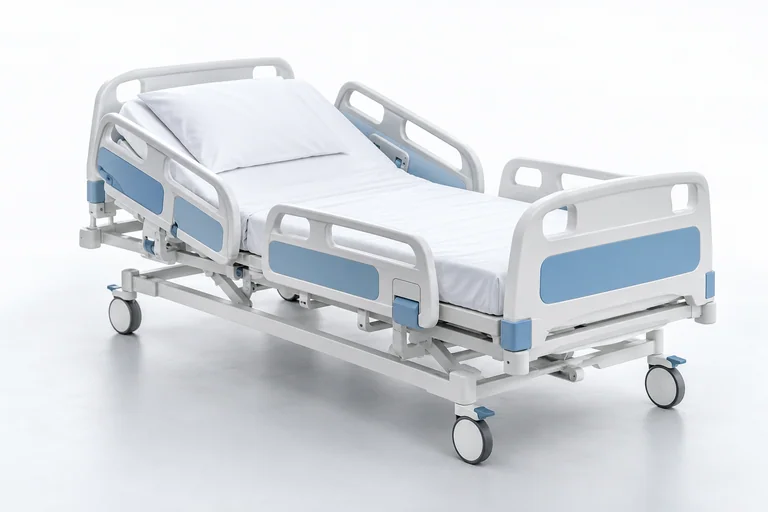 Illustrative hospital bed with side rails and caster wheels.