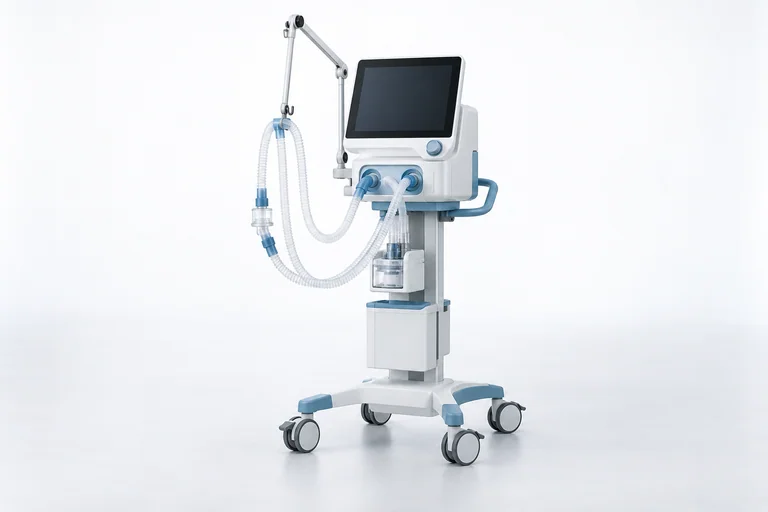 Illustrative intensive-care ventilator on a wheeled stand with a breathing circuit.