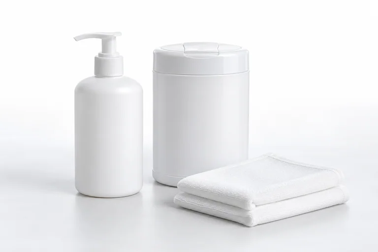 Illustrative hand-hygiene bottle, cleaning-wipe canister and cloths.