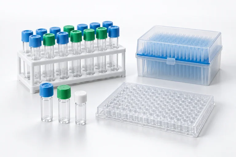 Illustrative specimen tubes, pipette tips, sample vials and a multiwell plate.