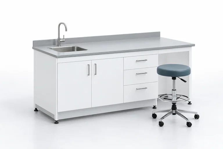 Illustrative laboratory workbench with a sink and an adjustable stool.