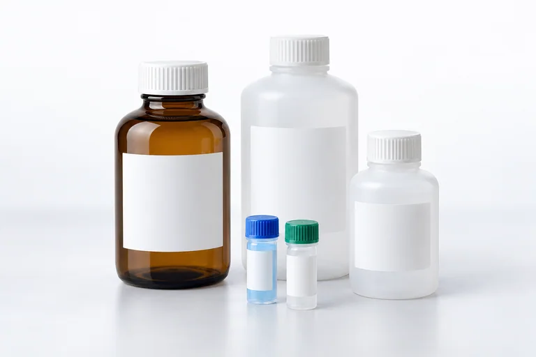 Illustrative capped laboratory reagent bottles and vials with blank labels.