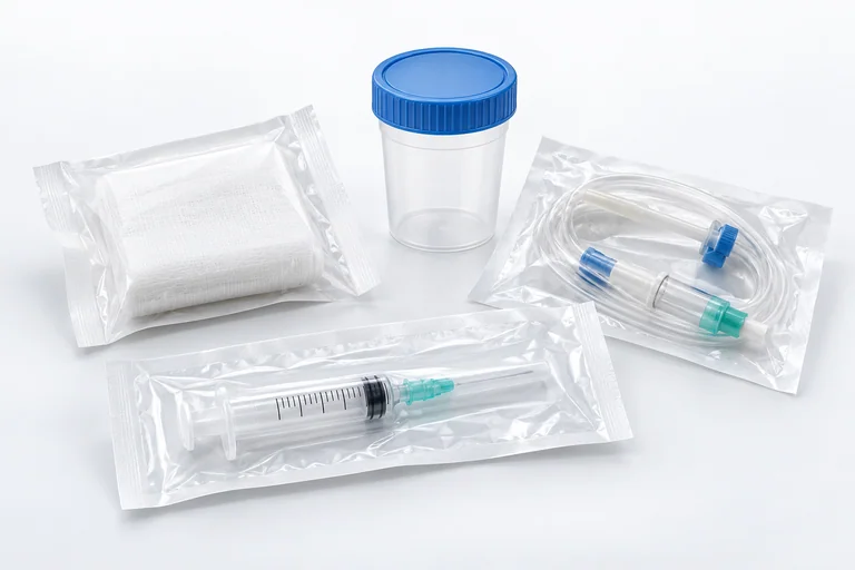 Illustrative packaged syringe, gauze, specimen cup and tubing.