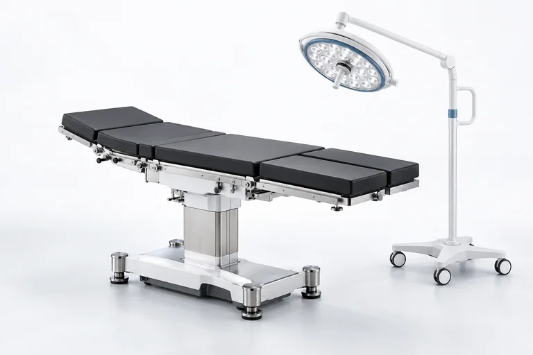 Illustrative operating table and surgical lamp.