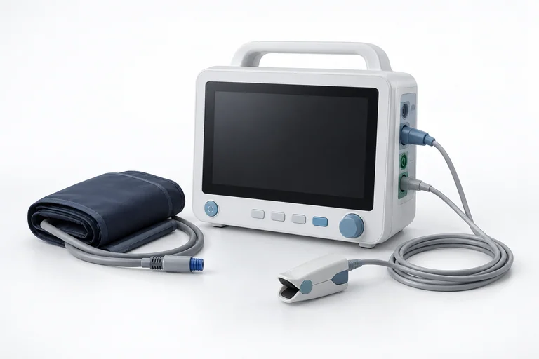 Illustrative bedside patient monitor with a blood pressure cuff and sensor.