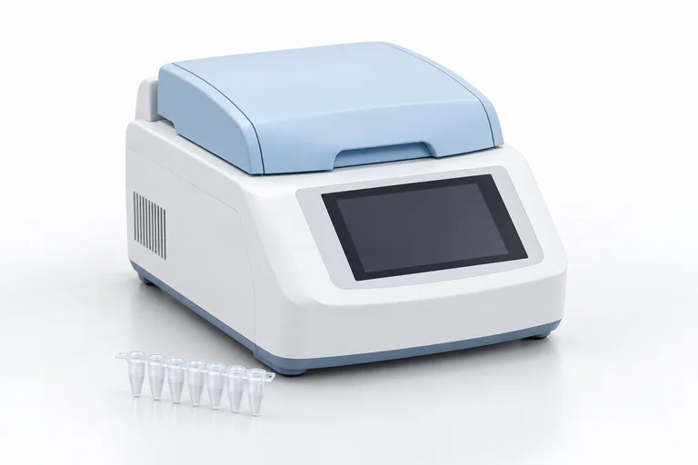 Illustrative PCR thermal cycler and clear PCR tube strip.