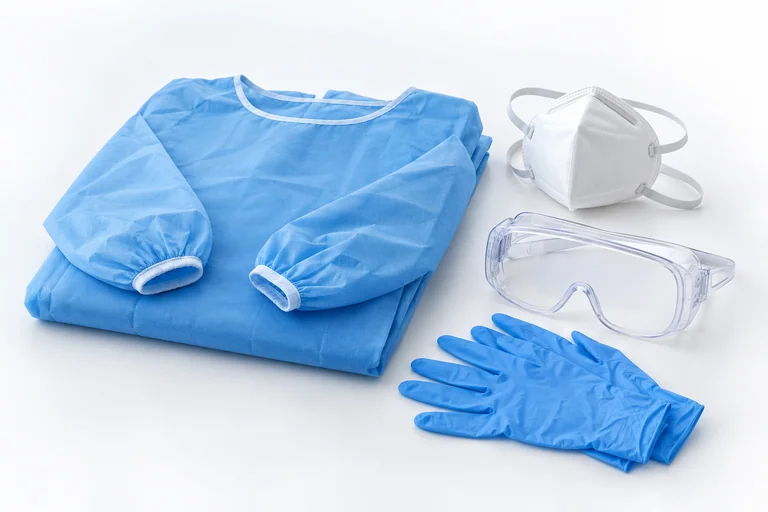 Illustrative protective gown, respirator mask, goggles and gloves.