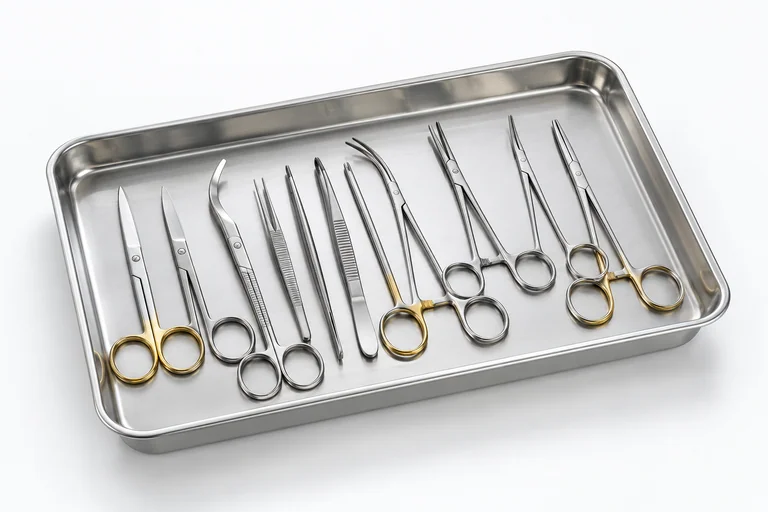 Illustrative stainless-steel surgical scissors, forceps and clamps in an instrument tray.